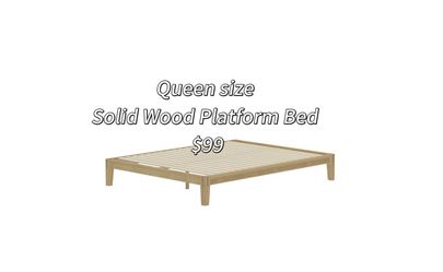 Solid Wood Platform Bed with Wooden Slats, Queen, Natural