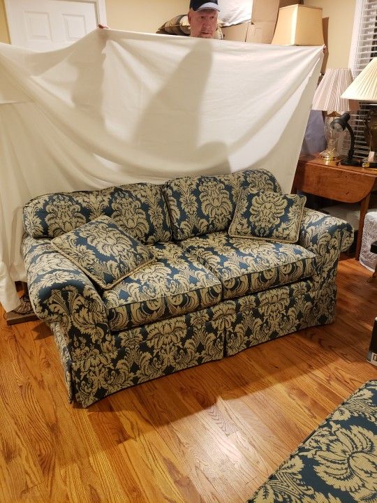 Blue & Greige (Tan) Upholstered Loveseat