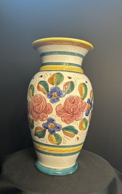 Large Vintage Colorful Hand Painted Floral Pottery Vase 