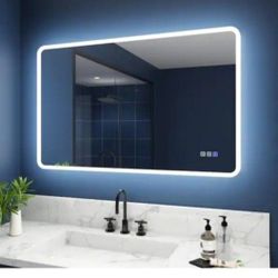 Wynnt 55 in. W x 36 in. H Rectangular Framed Wall LED Bathroom Vanity Mirror with Dimmable Anti-Fog Lighted Mirror in White