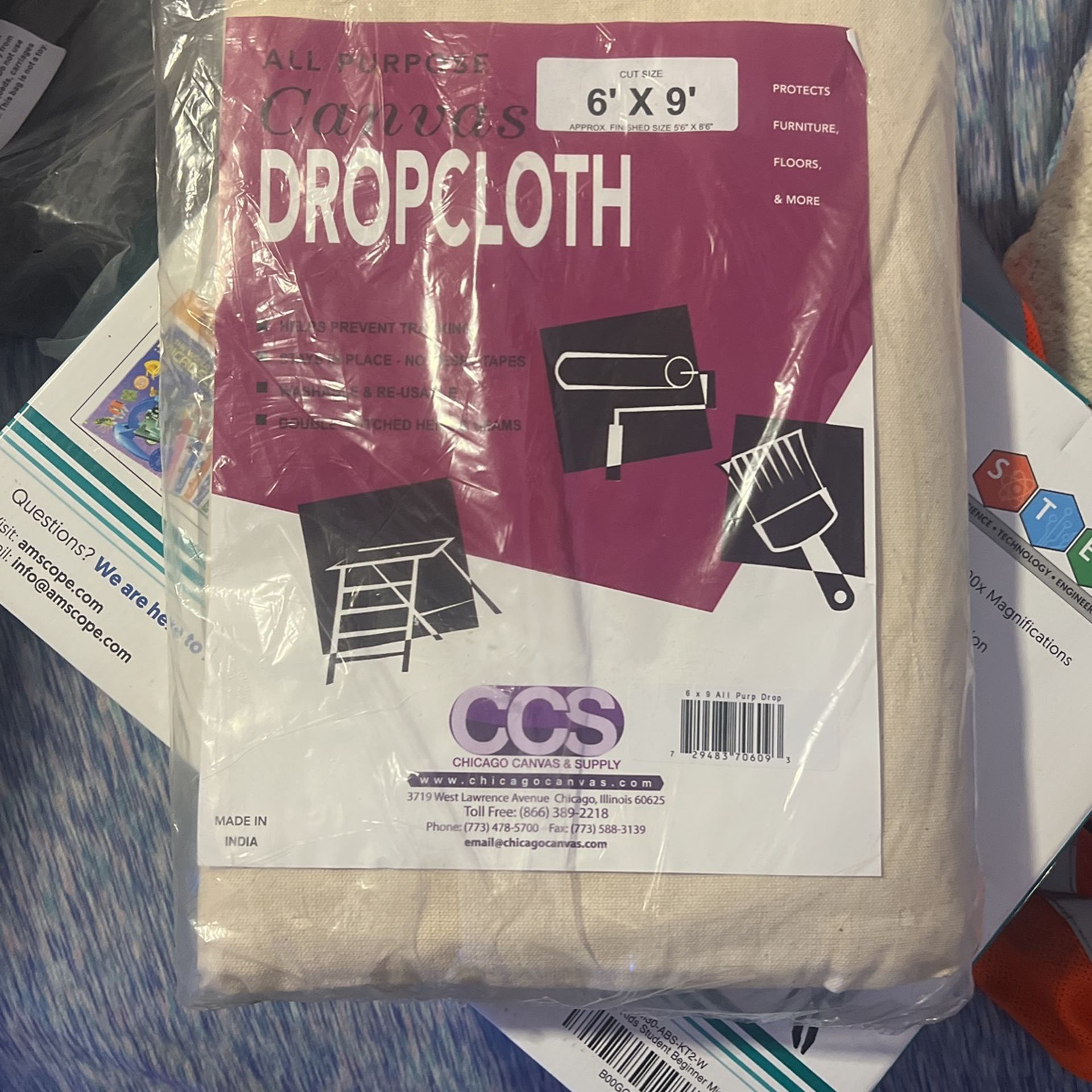 All Purpose Canvas Drop Cloth by CCS CHICAGO CANVAS & SUPPLY- Cotton Canvas Cover for Floor & Furniture Protection - Washable & Reusable Duck Dropclot