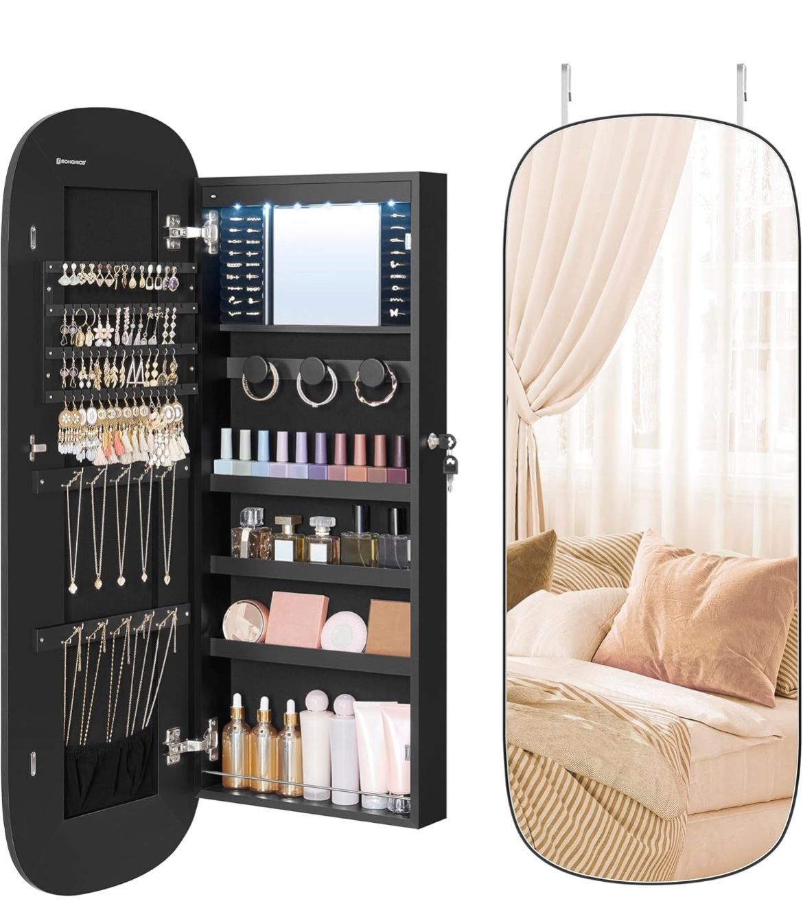 SONGMICS Jewelry Organizer LED Cabinet Wall/Door Mounted Lockable Rounded Wide Mirror