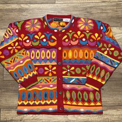 Vintage Christine Foley Button Down Cardigan Knit Sweater Floral Multicolor Womens 0