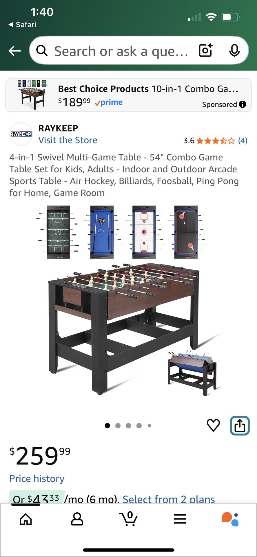 4-in-1 Swivel Multi-Game Table - 54" Combo Game Table Set for Kids, Adults - Indoor and Outdoor Arcade Sports Table - Air Hockey, Billiards, Foosball,