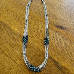 Navaho Necklace: Liquid Sterling Silver With Turquoise & Porcupine Quills, 26”
