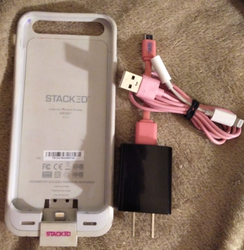 Stacker iPhone 6 Portable Charger & Case. It Fit Right On Your Phone Ask Not A Case Comes With Chords Adapters Etc