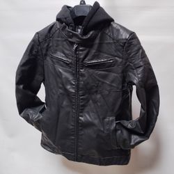 Motorcycle Jacket With Hood Faux Leather Biker MENS SIZE LARGE XL M Black Warm Jacket Abrigo Full Zip