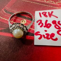 18K Solid White Gold Wedding Pearl and Clear Stones Ring 3.6Gr Size 8