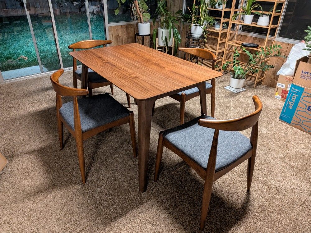 Walnut Mid-century Modern Dining Table + Chairs