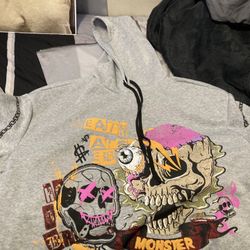 Light Gray Hoodie With Front And Back Oversized Prints Of  A Gothic Skull