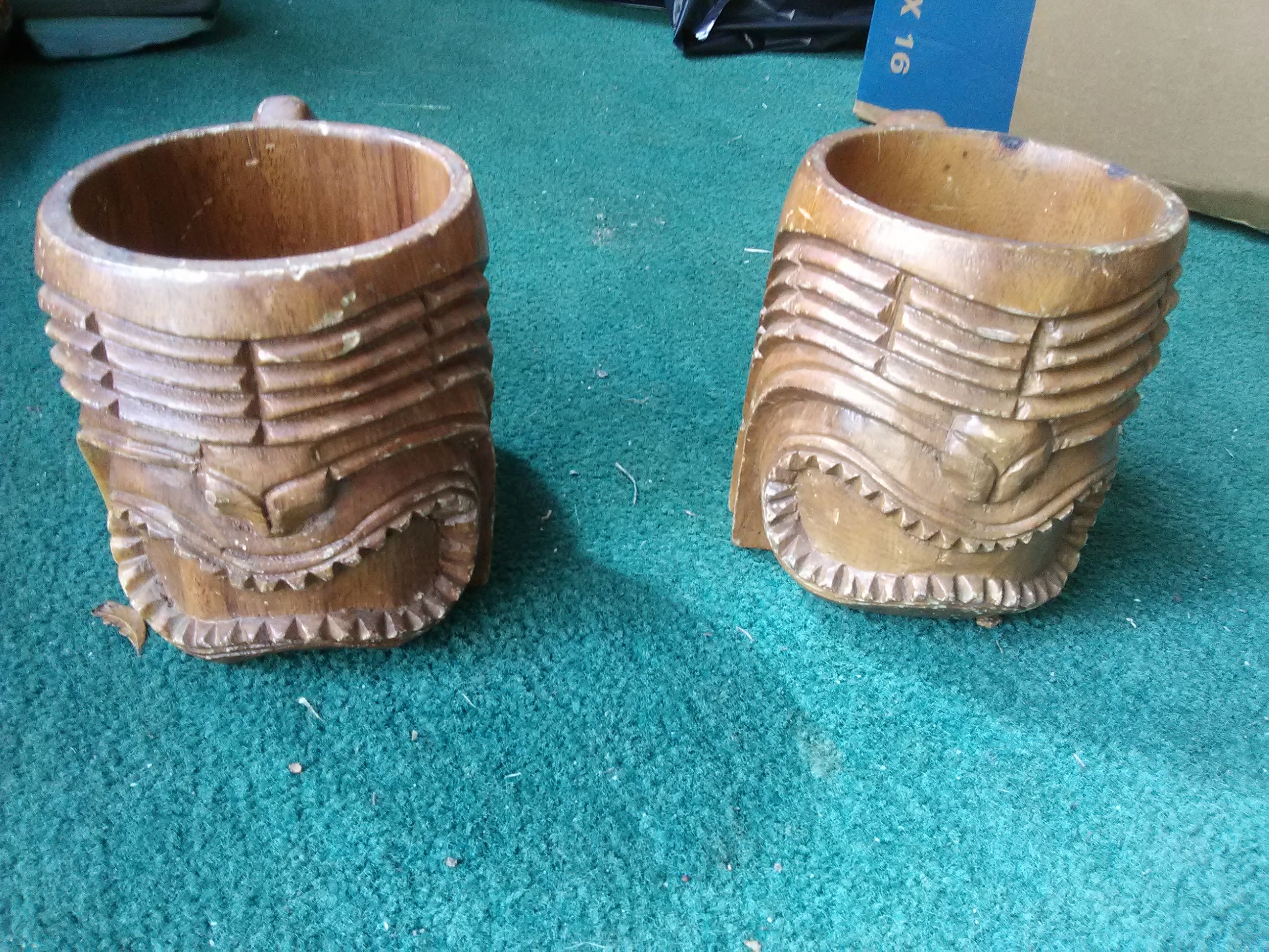Vintage handcrafted wood tiki mugs