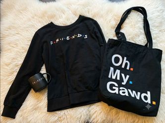 Friends TV Show Black Graphic Sweatshirt, tote bag and coffee mug