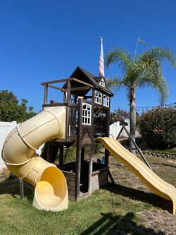Wooden Backyard Playset with Slides and Swings