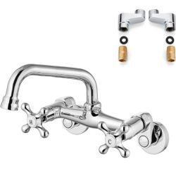 Airuida Wall Mounted Kitchen Faucet Chrome Polish 6 Inch(15cm) Spout Reach 6 Inch Center Adjustable Center Double Cross Handles Mixer Tap 360 Rotatabl