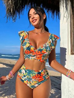 Flirty Tropical Print Halter Bikini Set 