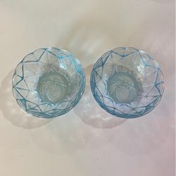 Vintage Blue Glass Small Bowls With Strawberry Design On Bottom 
