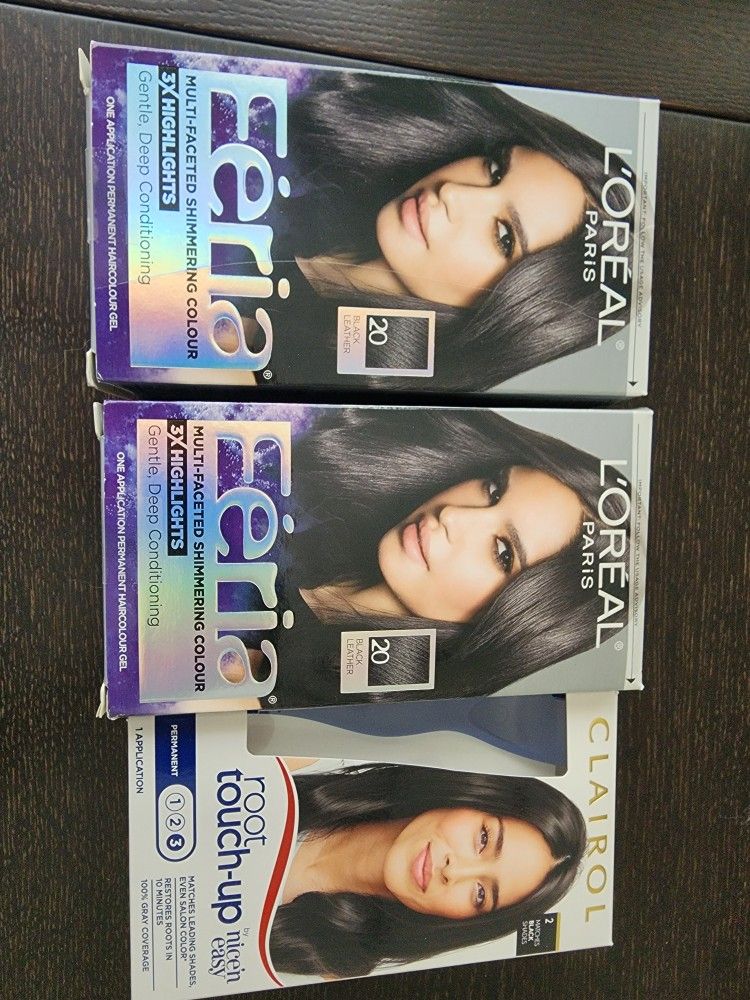 Feria 2 Boxes Black Leather Natural Black Hair Dye And Clairol Root Touch Up.