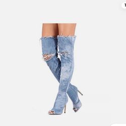 Liliana Barbara-13 Thigh High Over Knee Denim Open Toe Stiletto Heel Boot 6.5