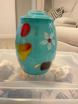 Vintage 1950’s  Turquoise Glass Cookie Jar W/Lid