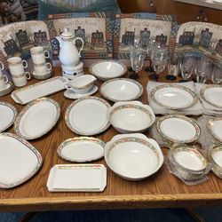 Christmas China Setting For 12, With 12 Italian Crystal Goblets