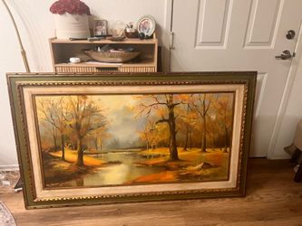 Large Vintage Signed Oil Painting – Autumn River Landscape – Framed