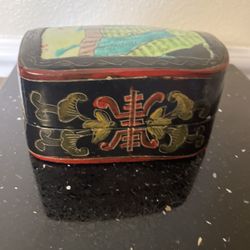 Vintage Chinese Lacquer Trinket Box w/ Hand painted Antique Porcelain Inlay 5”x3.5”