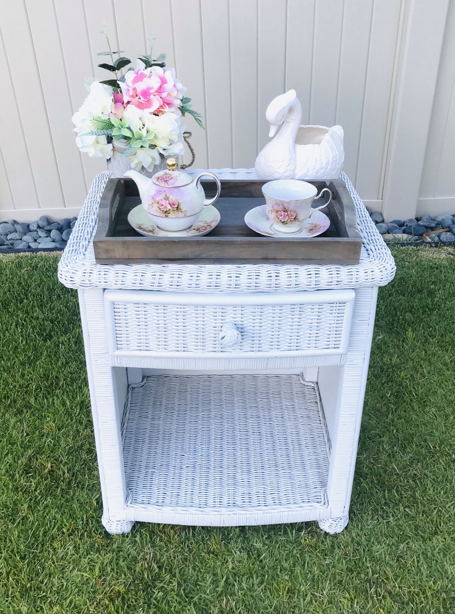 White Wicker Nightstand Bedside Table Rattan Vibe Side Table