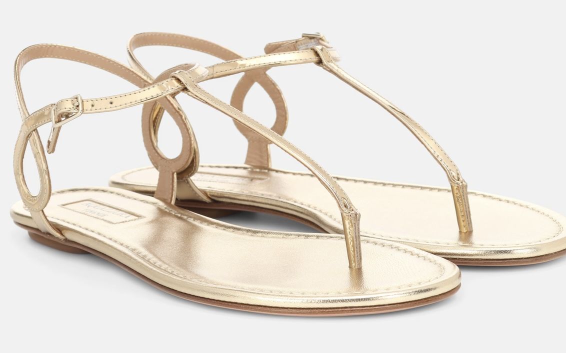 AQUAZZURA Almost Bare metallic leather sandals open toe flats dress shoes bare