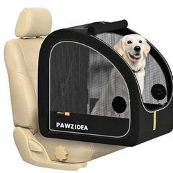 PAWZIDEA Collapsible Dog Travel Crate, Portable Pet Crate for Car Travel, Soft-Sided Kennel for Medium Large Dogs, Pop-Up Metal Frame, Seatbelt & Head
