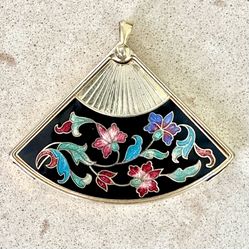 🪭 Beautiful large vintage Asian style fan shaped pendant that opens to reveal a small mirror like material inside featuring black enamel with colorfu