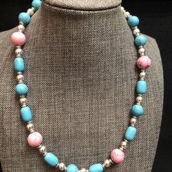 Handmade Pink And Blue Howlite Turquoise Necklace 