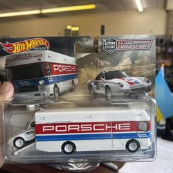 Hot Wheels Team Transport Toy Truck & Race Car, 1986 Porsche 959 & Euro Hauler Collectible Set, New