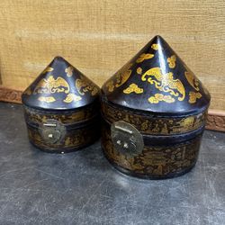 Pair of Chinese Lacquered Black Conical Nesting Boxes 20th Century
