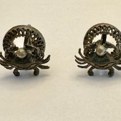 Vintage Crab Screw Back Antiqued Silver Tone Earrings with Small Pearl .75” Diameter