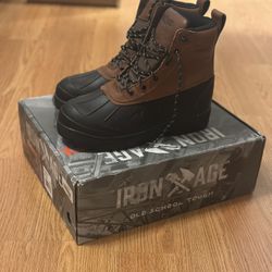 COMPOUND MEN'S 8" BLACK AND BROWN RUBBER VAMP AND LEATHER SHAFT WATERPROOF WORK BOOT- IA9650