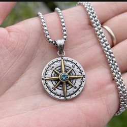 Mens Womens Blue Stone Nautical North Star Compass Pendant Necklace Stainless Steel