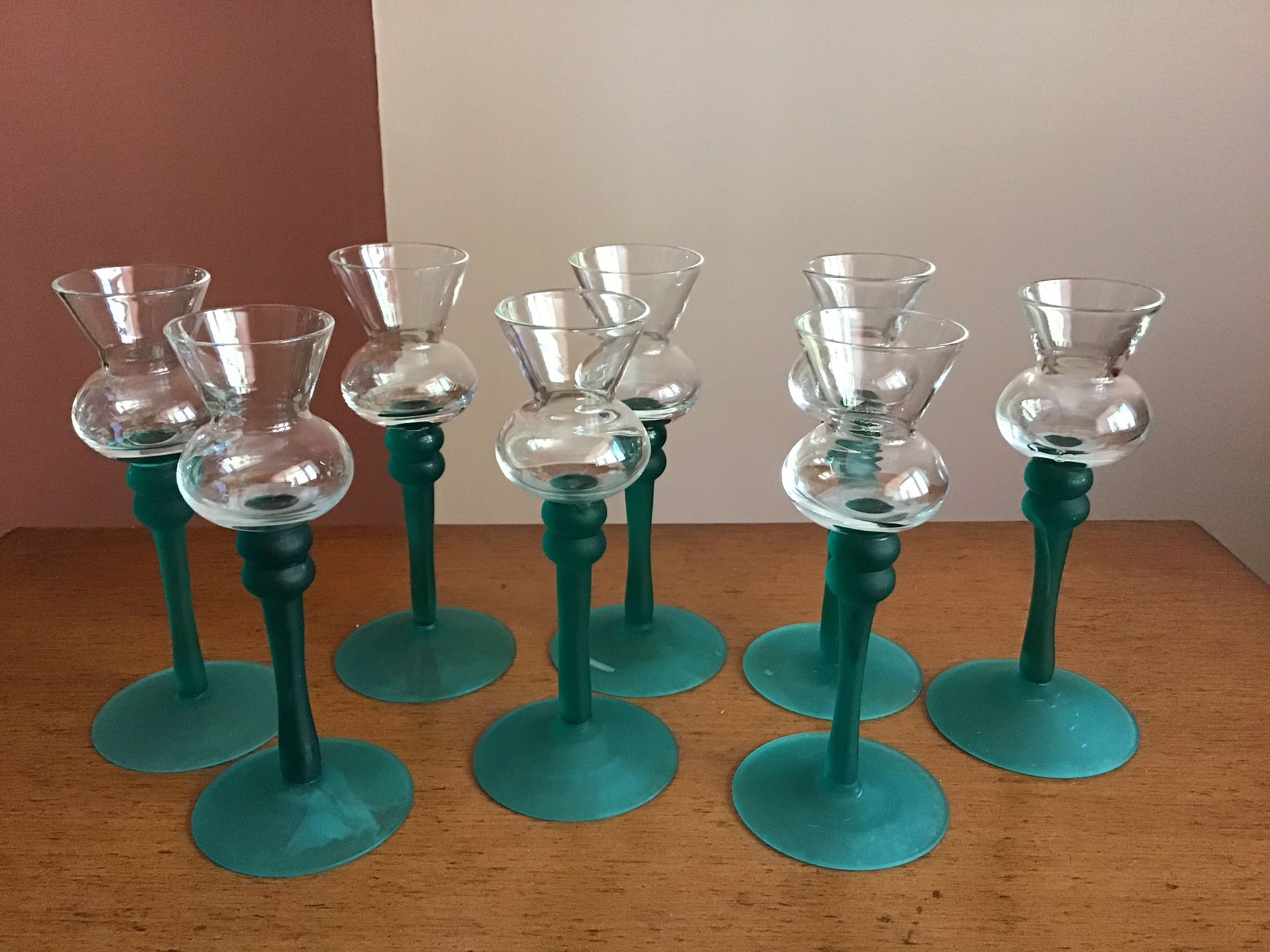 Vintage~Set Of 8 Cordial Aperitif Sherry Frost Green Stemware Glasses.. 6” High