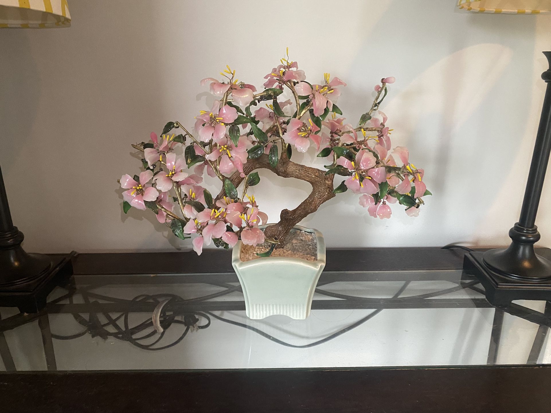 Vintage Chinese Jade Glass Petal Bonsai Tree  Cherry Blossom 14” in tall