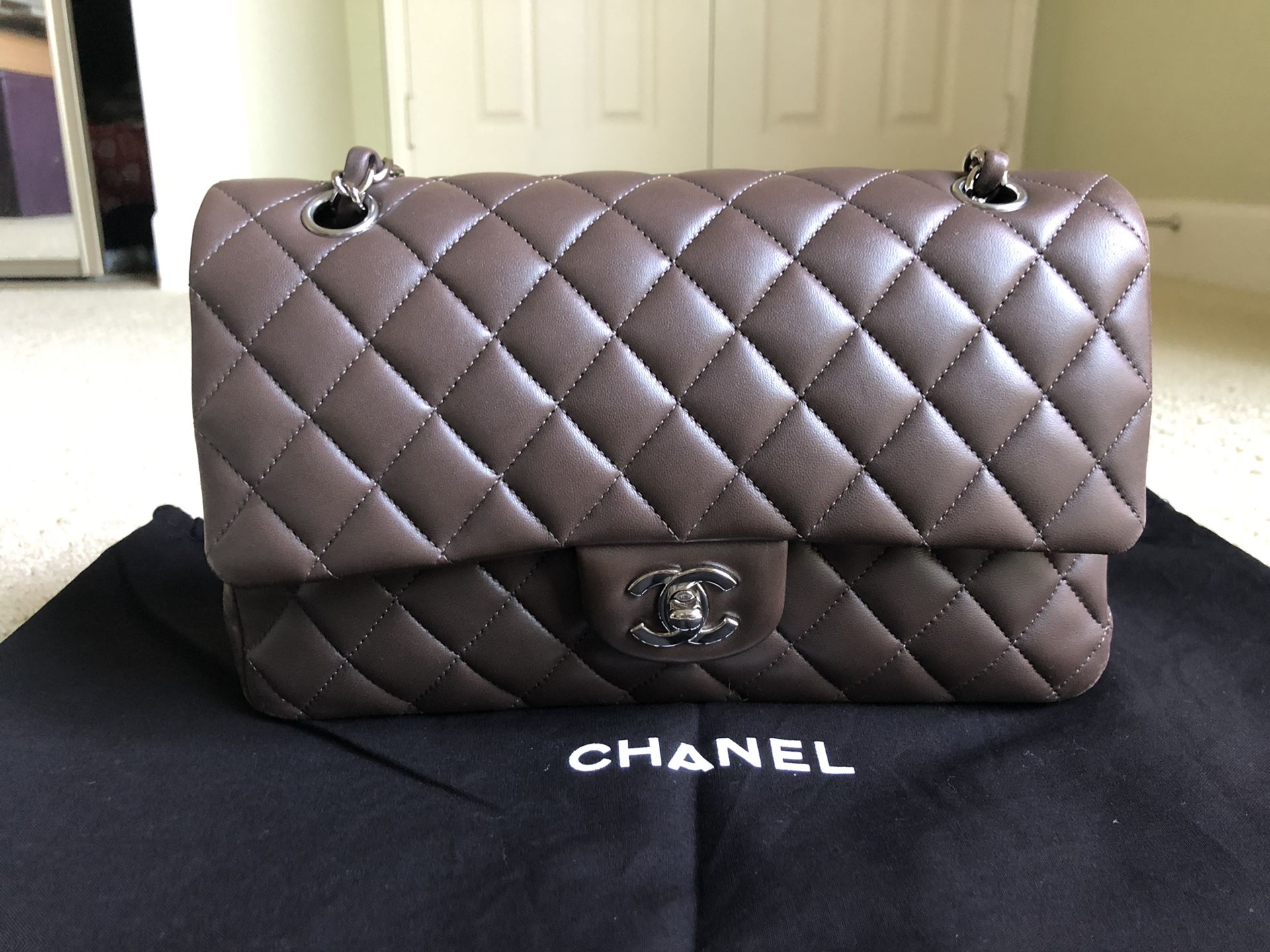 Chanel brown taupe lambskin medium large classic flap bag silver hardware