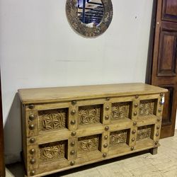 Reclaimed Carved Wood Console Table Storage Trunk.