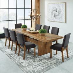 Zealand 9-Piece Dining Table Set – Warm Natural Finish with Self-Storing Leaf