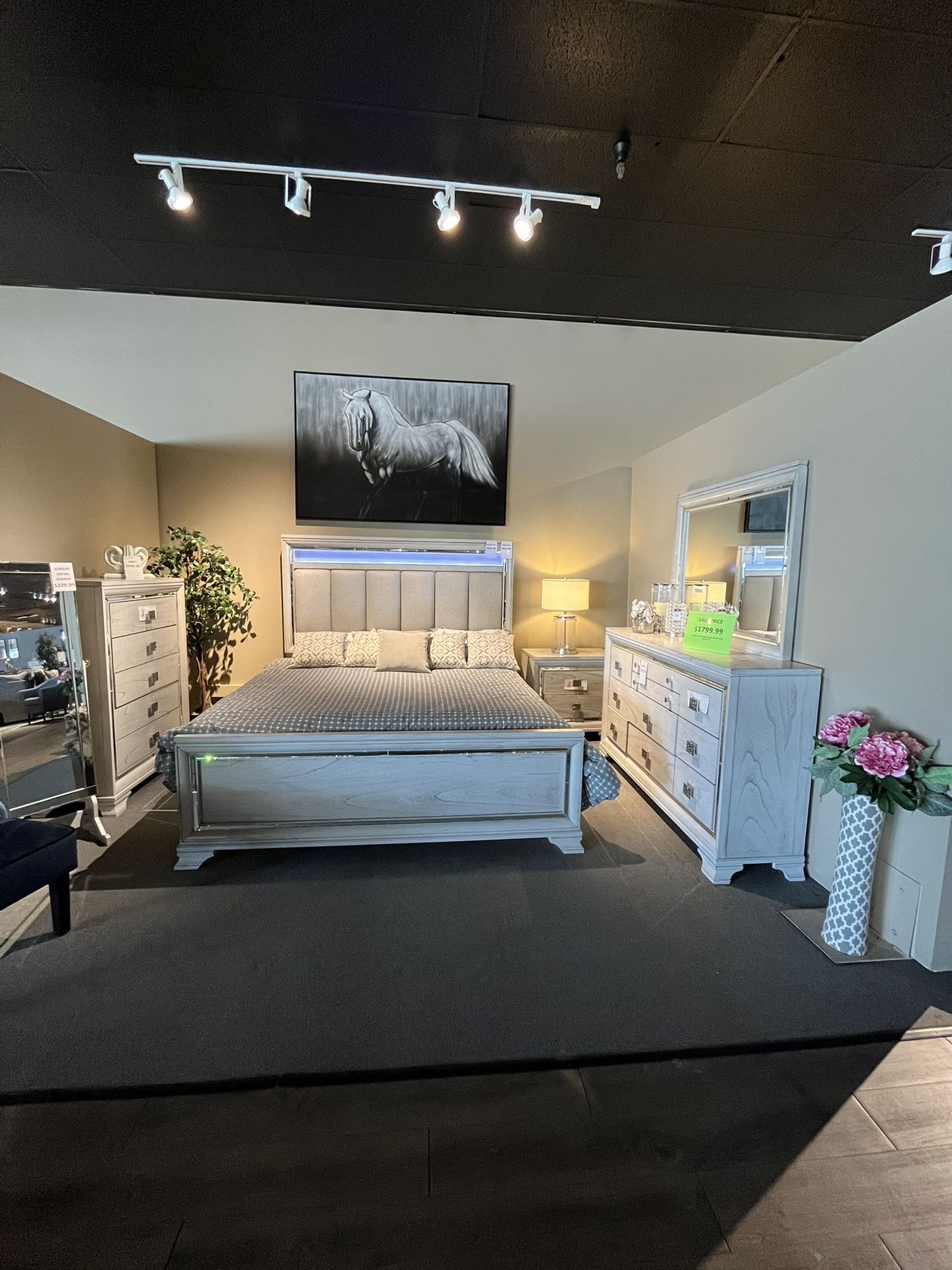 Grey King Bed , Dresser, Mirror And One Nightstand