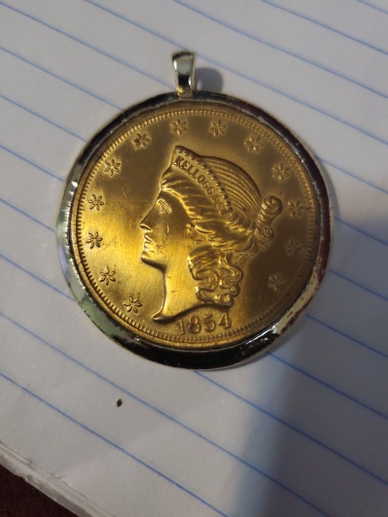 1854 Vintage Kellogg & Co 1854 Replica Liberty Coin Necklace Pendant Gold Tone 18"