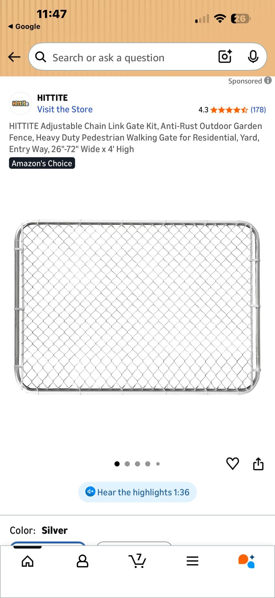 New galvanized steel chain-link fence, gate kit. Adjustable width from 26” to 72”