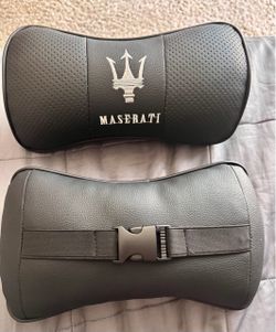 Car Seat Headrest Neck Cushion Pillows For Maserati Black Real Leather 2PCS