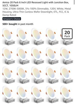 Amico 20 Pack 6 Inch LED Recessed Light with Junction Box, 5CCT, 1050LM  12W, 2700K-5000K, 5%-100% Dimmable, 120V, White,