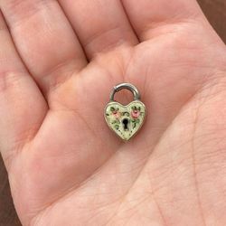 Vintage 925 Sterling Silver Enamel Guilloche Rose Heart Padlock Pendant Charm(51)76