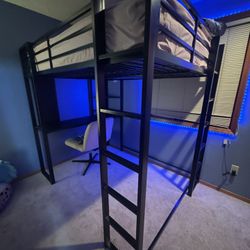 Full Size Loft Bed With Desk, Shelves, and Hanging Board