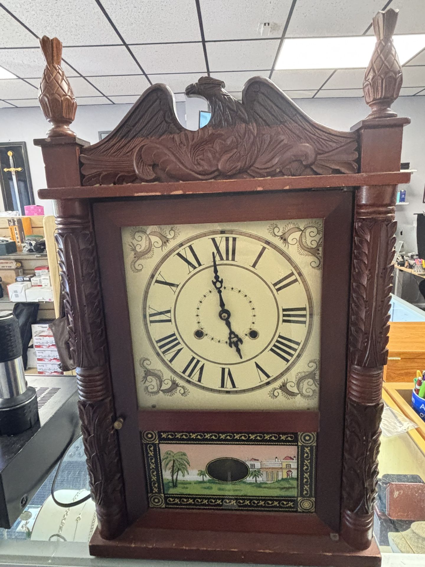 Vintage Wall or Mental Clock Hand Carving with Eagle topper & Hand Painted Glass