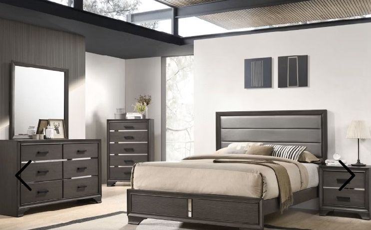 Queen Bed Gray Glam Mirrored Insets Upholstered Headboard Matching Chest of Drawers (5) and Nightstand